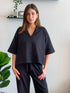 Women summer pajama set Black buttoned Shirt+ Pants